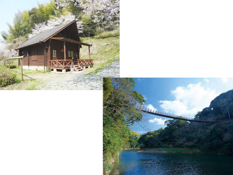春のキャンプ場「ログハウス」と吊り橋「火の国橋」
